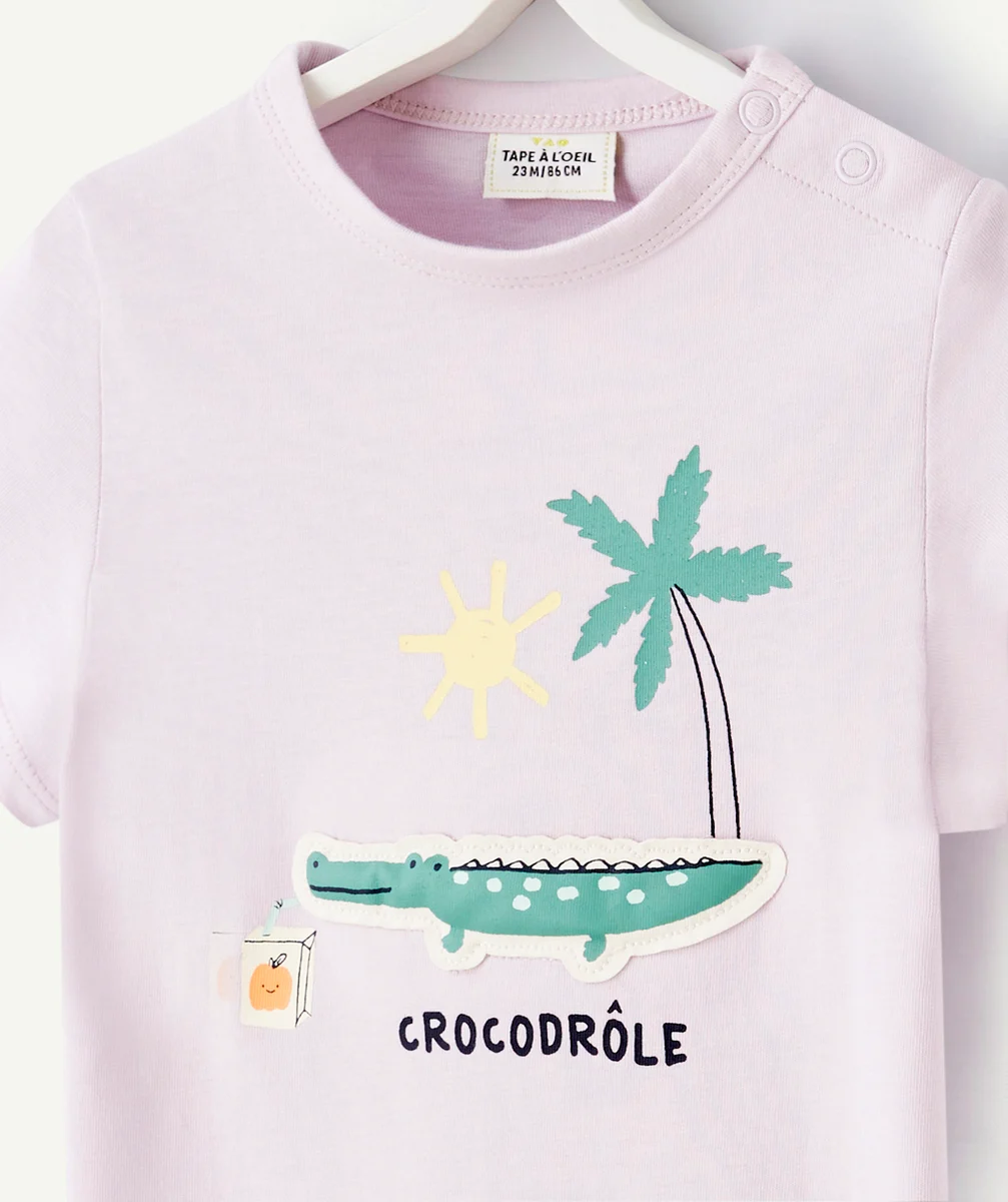 T-SHIRT BÉBÉ GARÇON MAUVE EN COTON BIO AVEC CROCODILE EN RELIEF