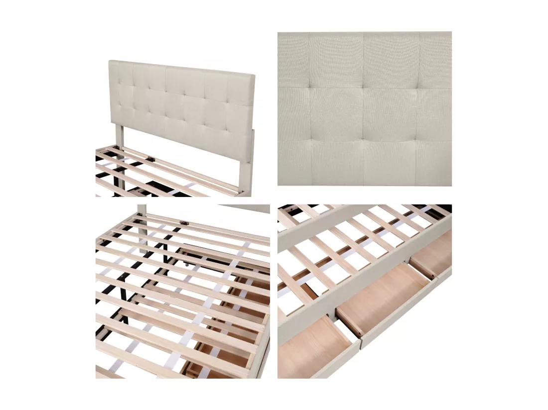 Lit rembbourré 140x200cm avec lit gigogne 90x190cm - en tissu lin - avec 3 tiroirs et sommier à lattes - Beige