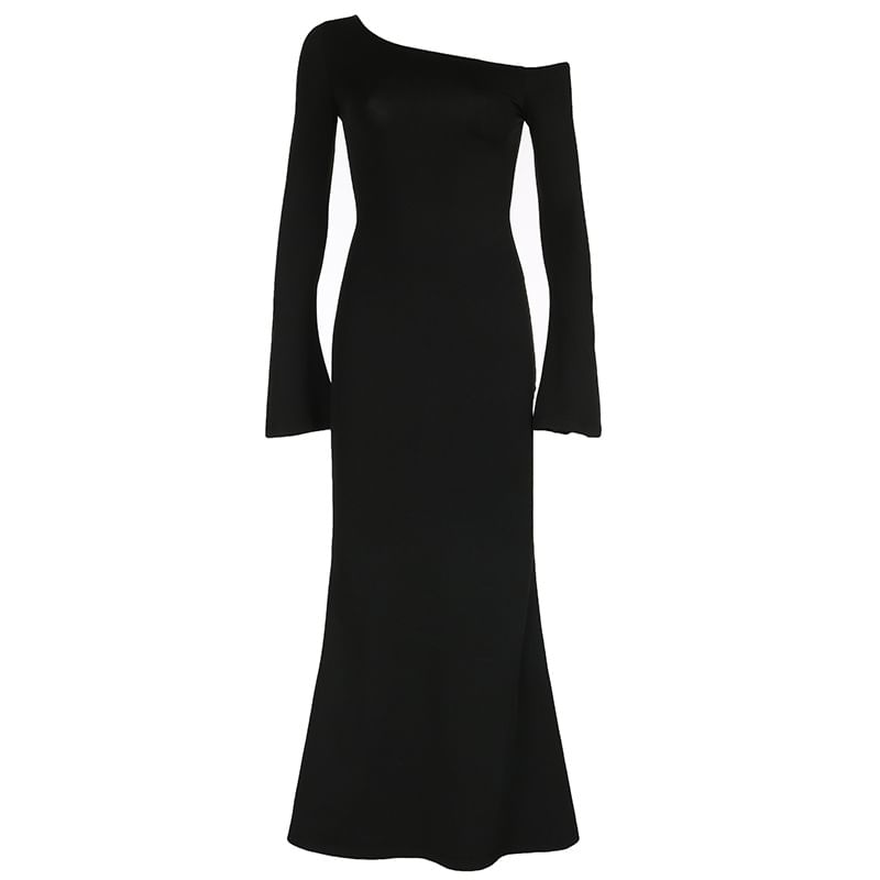Honet - Koud-schouder, effen, slim-fit maxi-bodyconjurk met klokmouwen