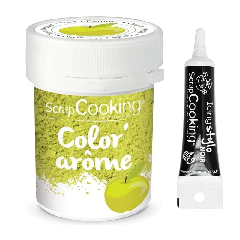 Colorant alimentaire vert arôme pomme 10 g + Stylo glaçage noir Scrapc