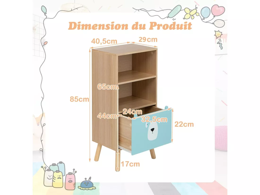 Meuble de Rangement Jouet Enfants à 3 Niveaux avec Tiroir en Forme d’Ours, Étagère de Rangement en Bois avec Dispositif Anti-basculement, Bibliothèque pour Chambre d'enfants, Salle de Jeux…