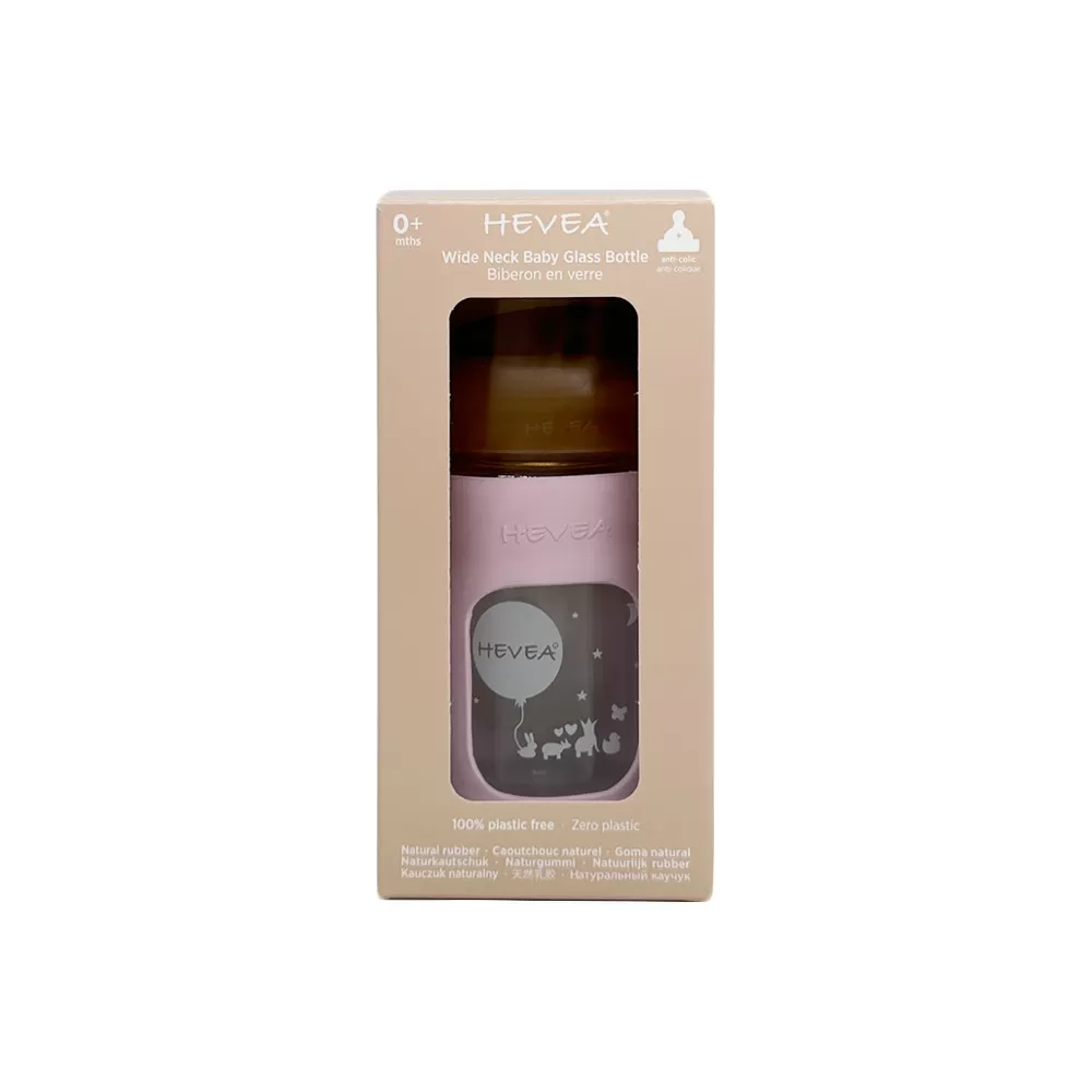 Hevea Glas Sutteflaske Wide Neck med Sleeve 150 ml, Powder Pink - 1 stk.