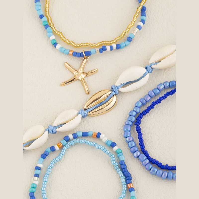 (7er Set) 155-210mm Perlen Armband Muschel Modeschmuck Sommer Boho Armkette mit Seestern Anhänger - Beige / Gold