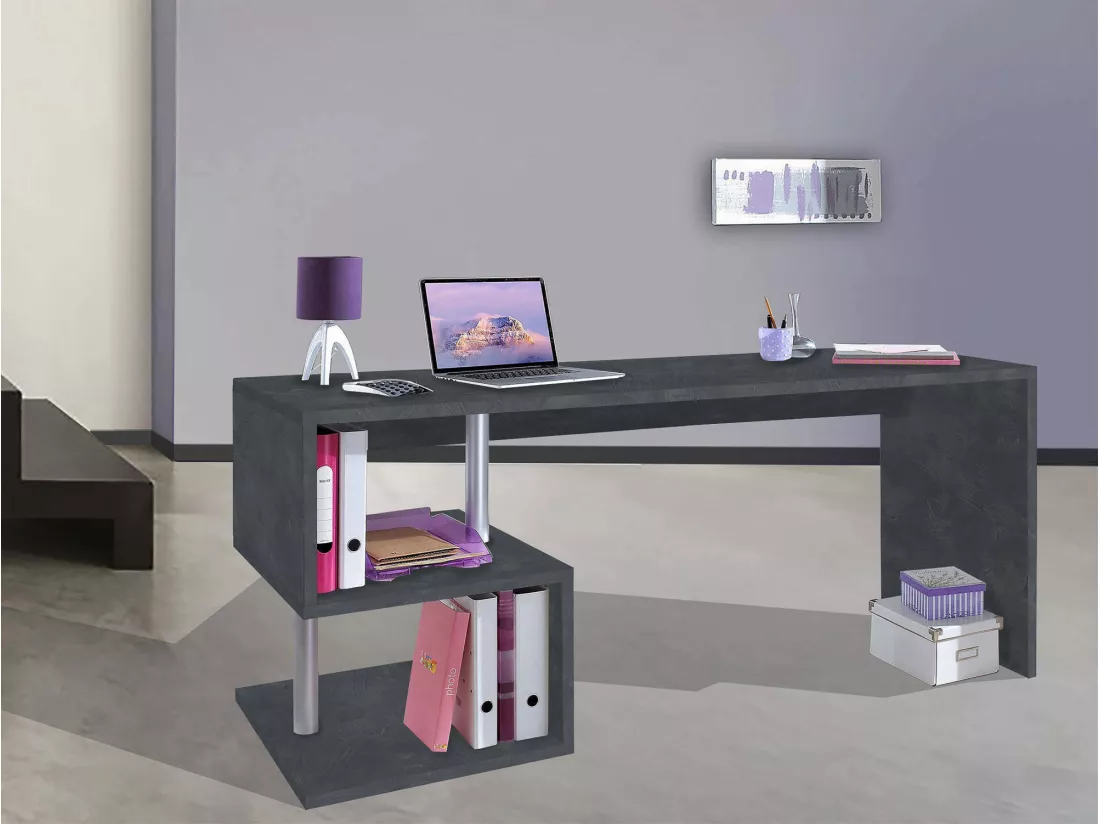 Bureau Dmarusi, Bureau PC Linéaire, Table de bureau polyvalente, Bureau gain de place multi-positions, 100% Made in Italy, 180x60h78 cm, Ardoise