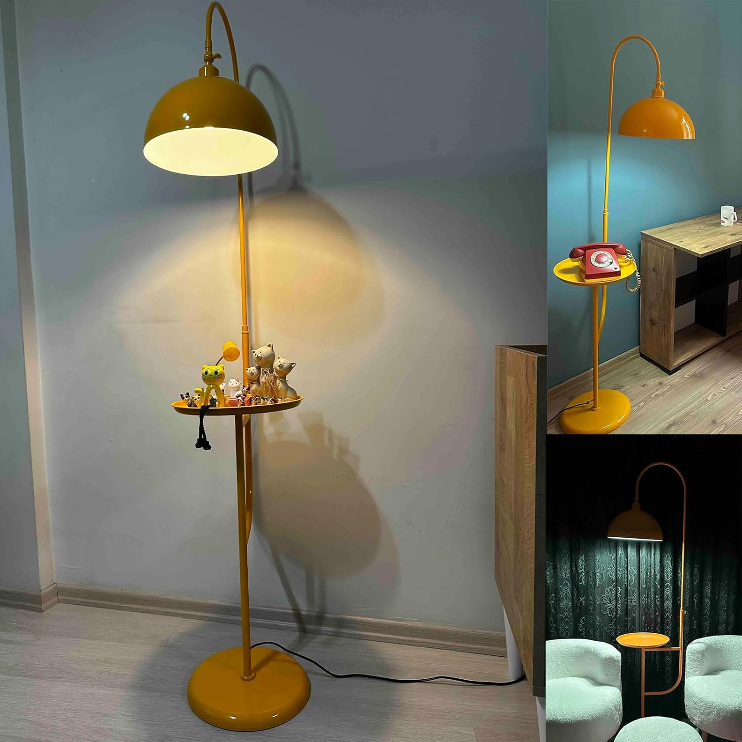 bamyum Gorkiede Metall, Moderne, Stehlampe Wohnzimmer, Schlafzimmer, Kinderzimmer mit E27 Fassung, 30 cm Breit, verstellbarer Lampenschirm, Stehleuchte mit Ablage, Gelb