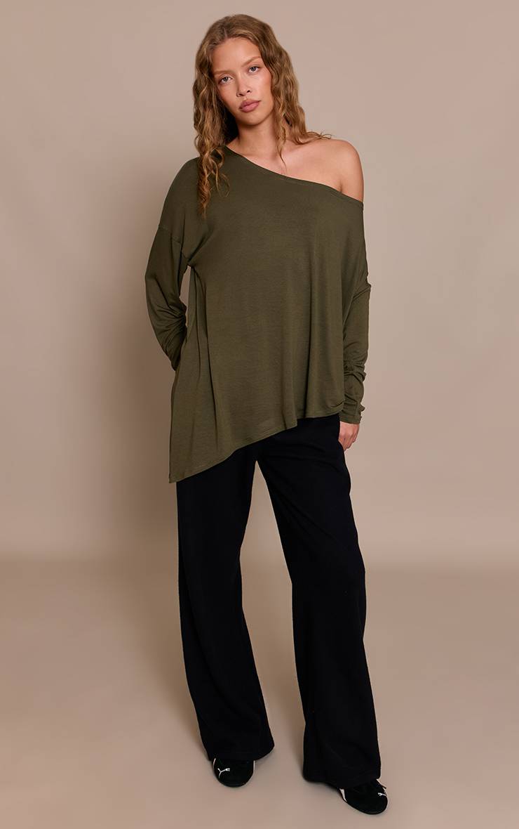 Kaki Top À Manches Longues Oversize Décontracté En Jersey Doux