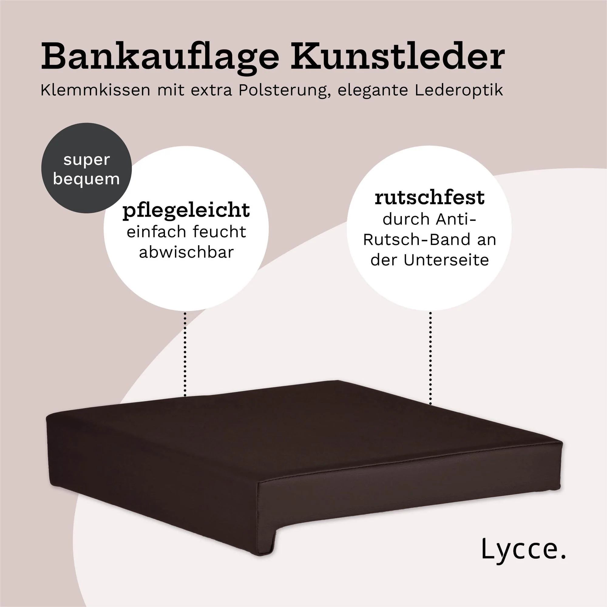 Lycce Bankauflage Kunstleder Klemmkissen 1 Leiste, extra weiche Polsterung (6cm Höhe), Sitzkissen Bank rutschfest, 100.000 Scheuertouren, Banktiefe ab 35 cm