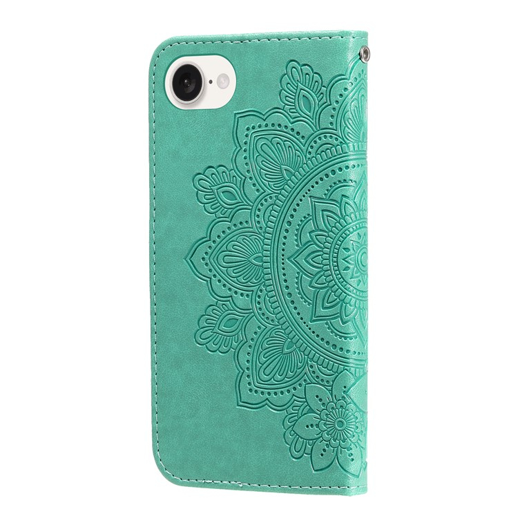iPhone 16e Leder Tasche Wallet - Mandala Flowers Imprint - Türkis