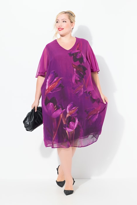 Kleid, Blüten, A-Linie, V-Ausschnitt, Cup-Halbarm