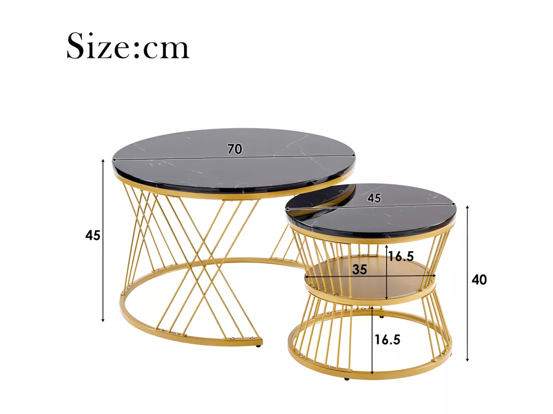 Lot de 2 Tables gigognes - placage à motif de marbre - structure dorée - Noir