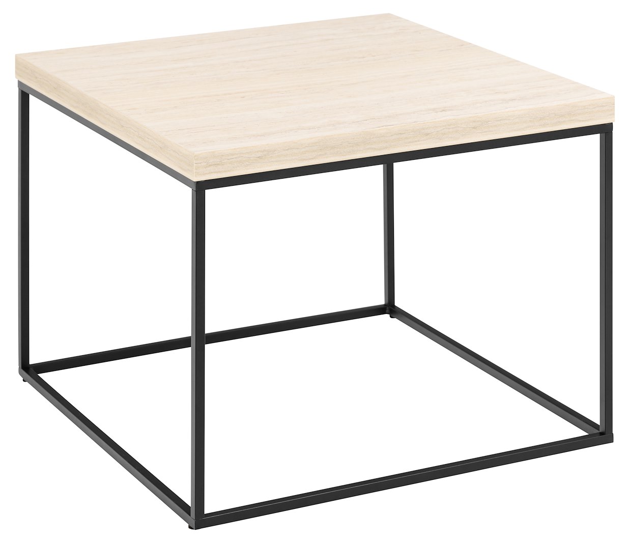Barossa sofabord Travertine-topp med svart metallunderstell. 60x60x45cm