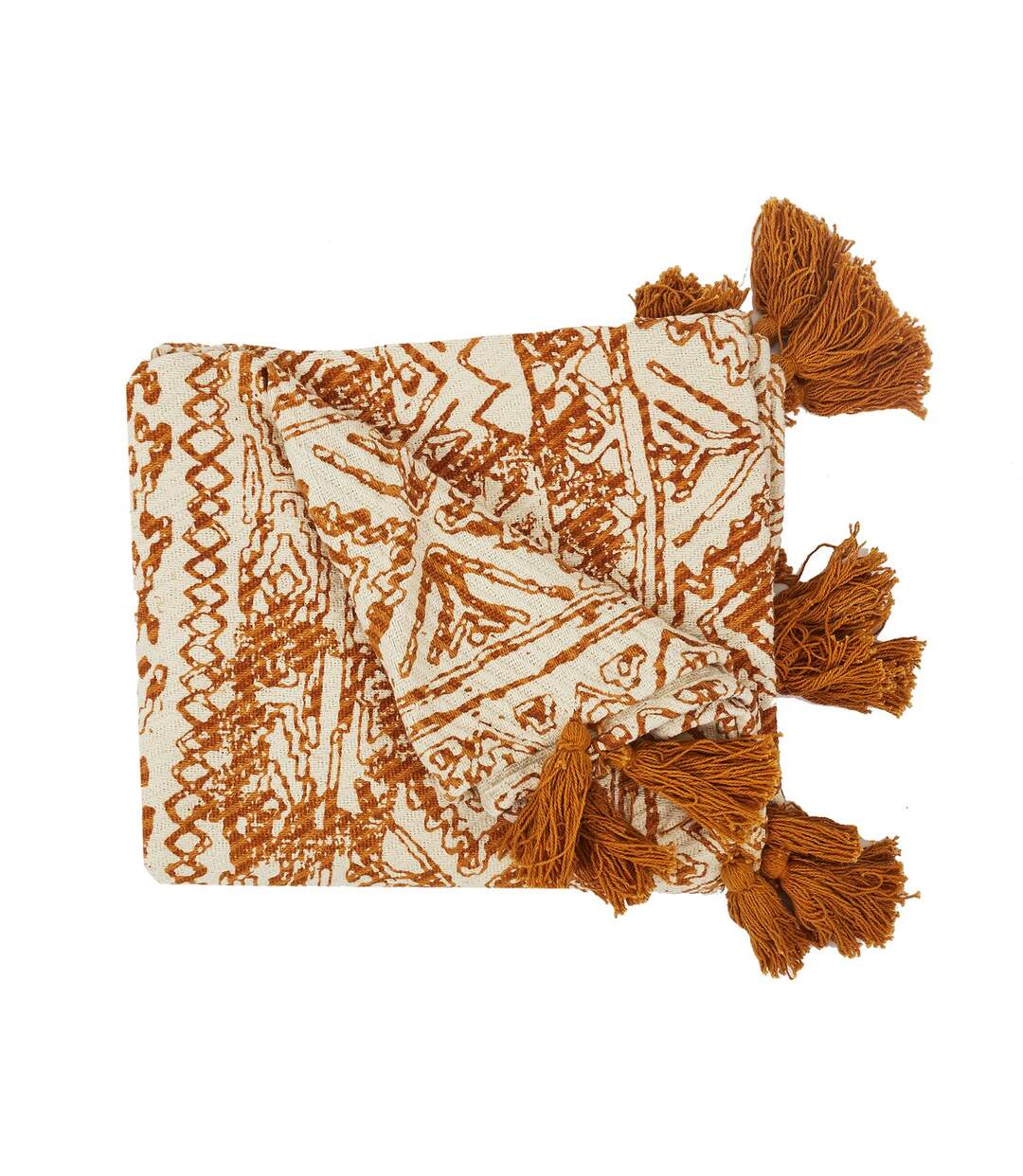 Plaid en coton à Pompons - 120 x 150 cm - Imprimés Ocre et Beige