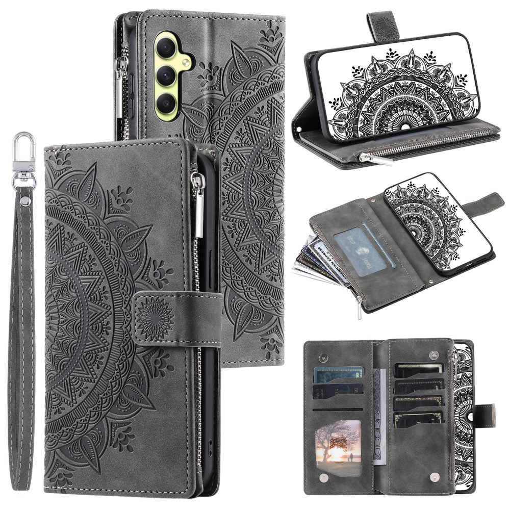 Samsung Galaxy A55 Leder Tasche Flip Cover mit Reissverschluss - Mandala Flowers Imprint - Grau