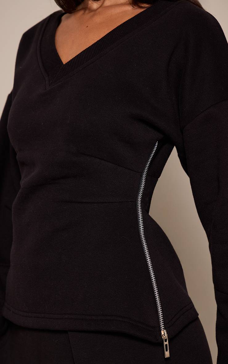 Noir Sweat-shirt Petite Col V Taille Cintrée