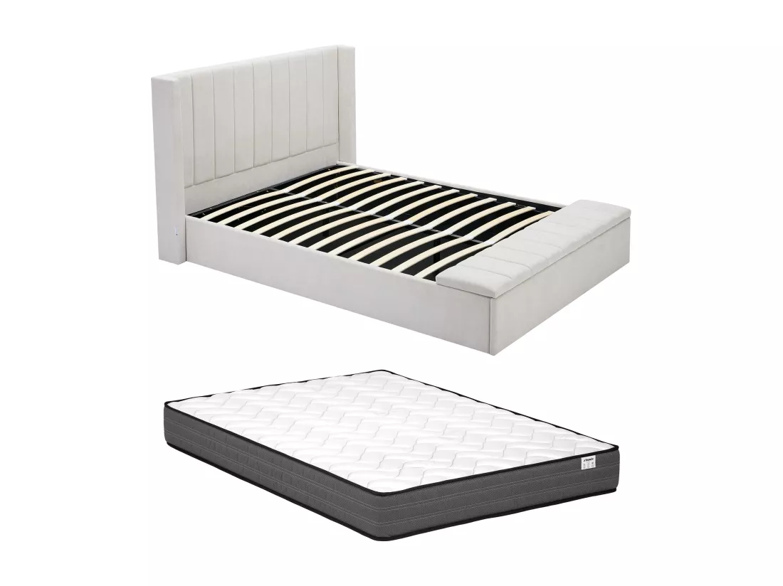 Lit coffre 140 x 190 cm avec banc - Tissu - Beige + Matelas - DOUINO