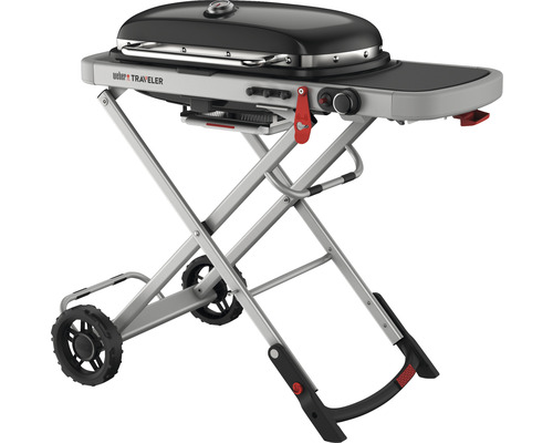 Weber Traveler H 100 cm gasbarbecue, zwart, 1 roestvrijstalen brander, geëmailleerde gietijzeren grillroosters, robuust chassis, automatische dekselvergrendeling