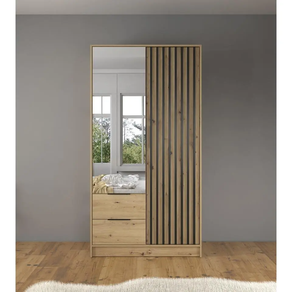 Meubella - Kledingkast Nairobi - Eiken - Zwart - 105 cm - Met spiegel