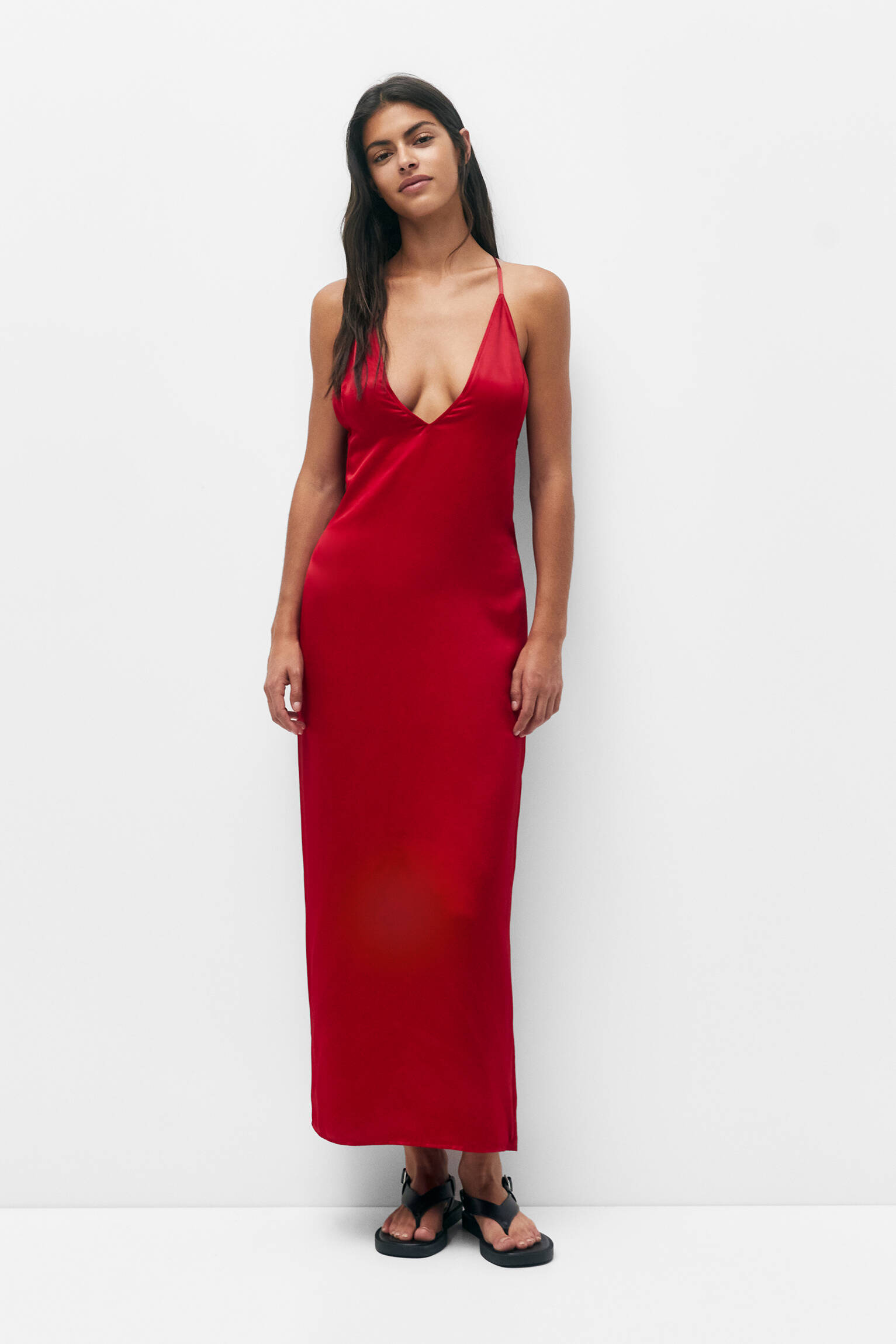 VESTIDO LONGO DE CETIM VERMELHO - VERMELHO