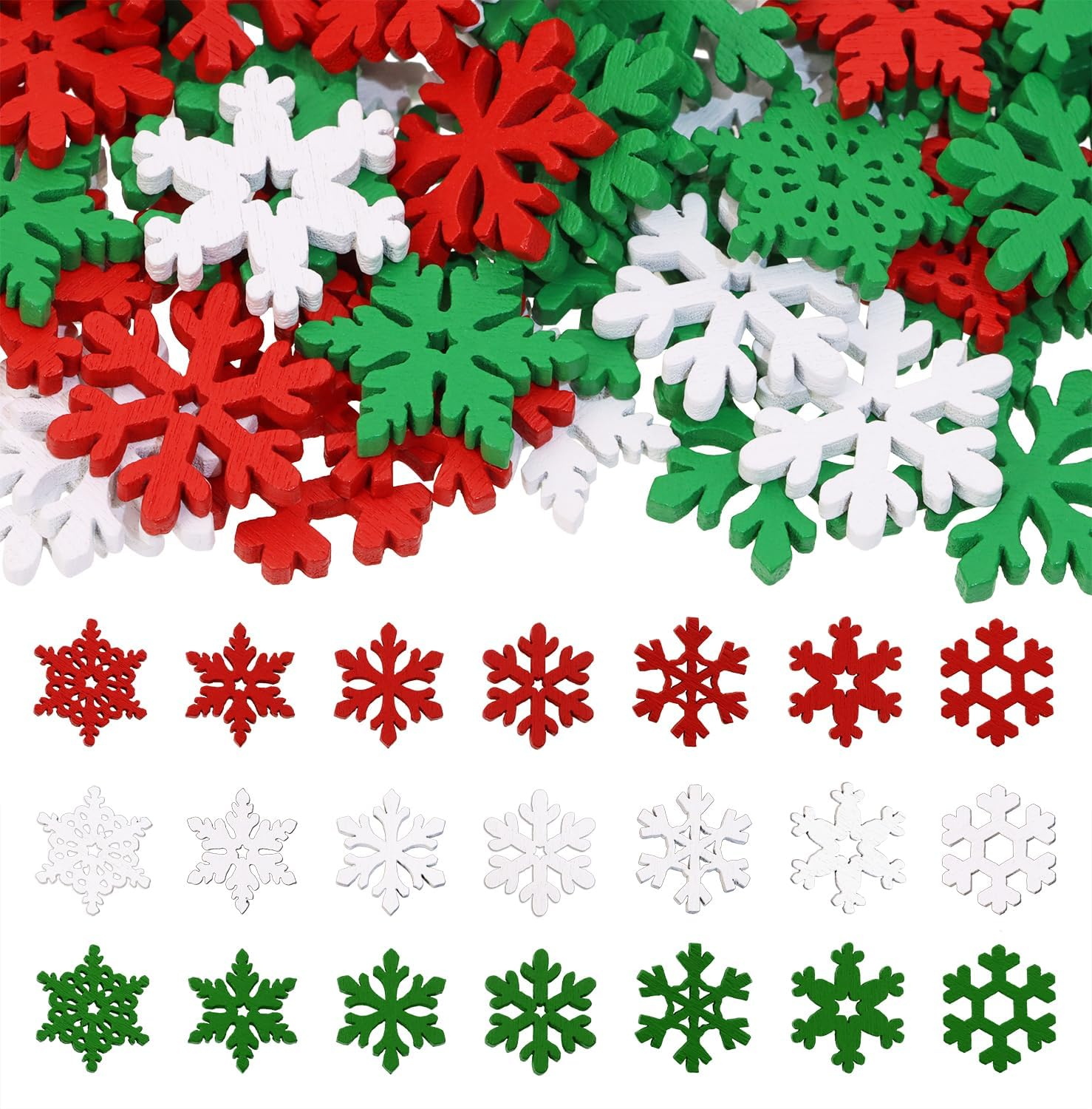 (50er Set) Miniatur Holz Weihnachts Deko Mini Schneeflocken Party Tischdekoration Bastel Zubehör für Kreative DIY Projekte - Rot / Grün / Weiss
