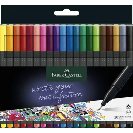 Faber-Castell 151620 - Grip Finepen, Fineliner, mit metallgefasster Faserspitze 0.4 mm, 20er Etui