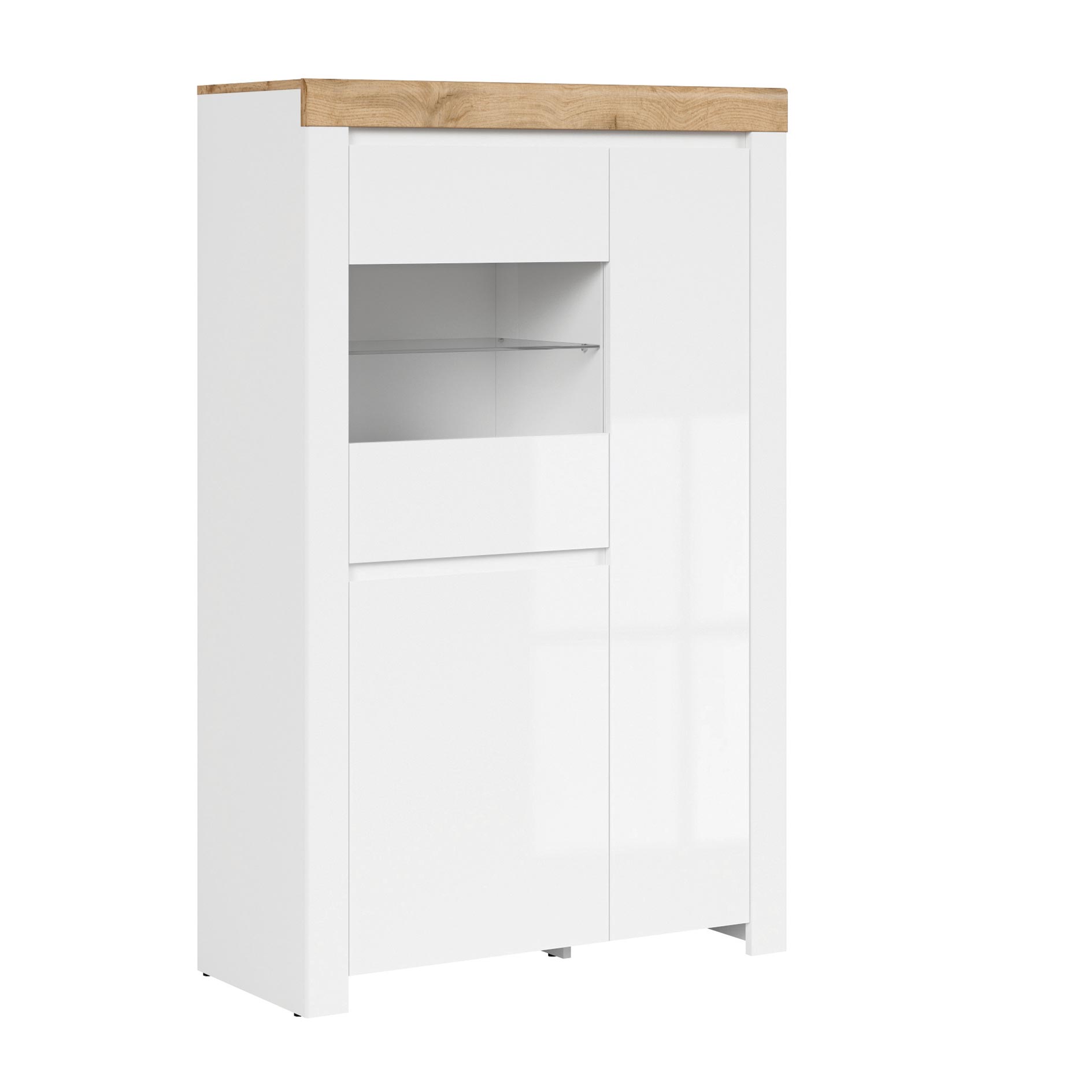 Highboardvitrine - weiß Hochglanz-Wotan Eiche - 157 cm hoch