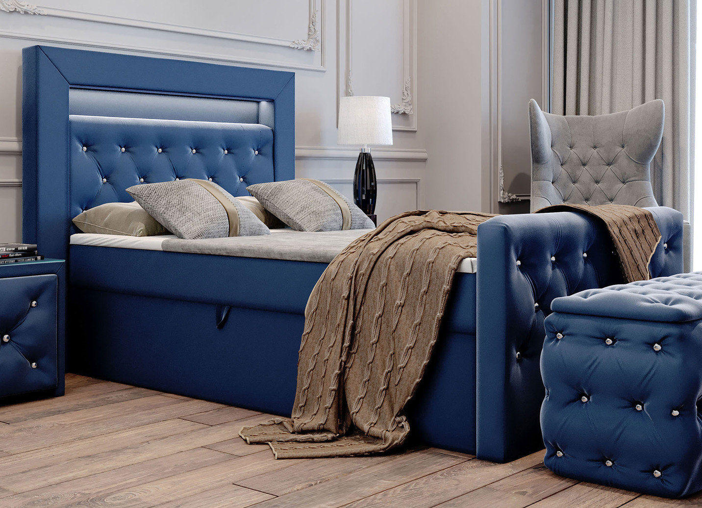 Boxspringbett mit LED-Beleuchtung und Topper