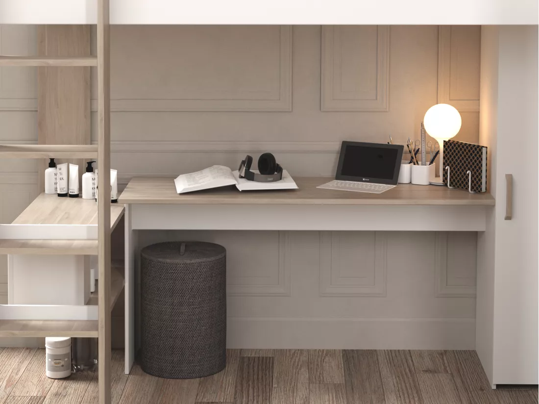 Double lit mezzanine d'angle 2 x 90 x 200 cm - Avec rangements et bureaux - Blanc et naturel - LASCANO