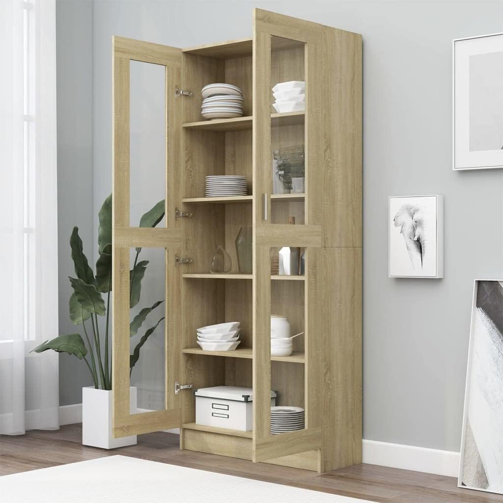 Vitrinenschrank Bücherschrank Aktenschrank Büroschrank Vitrine Schrank Bücherregal Sideboard Sonoma-Eiche 82,5x30,5x185,5 cm Holzwerkstoff