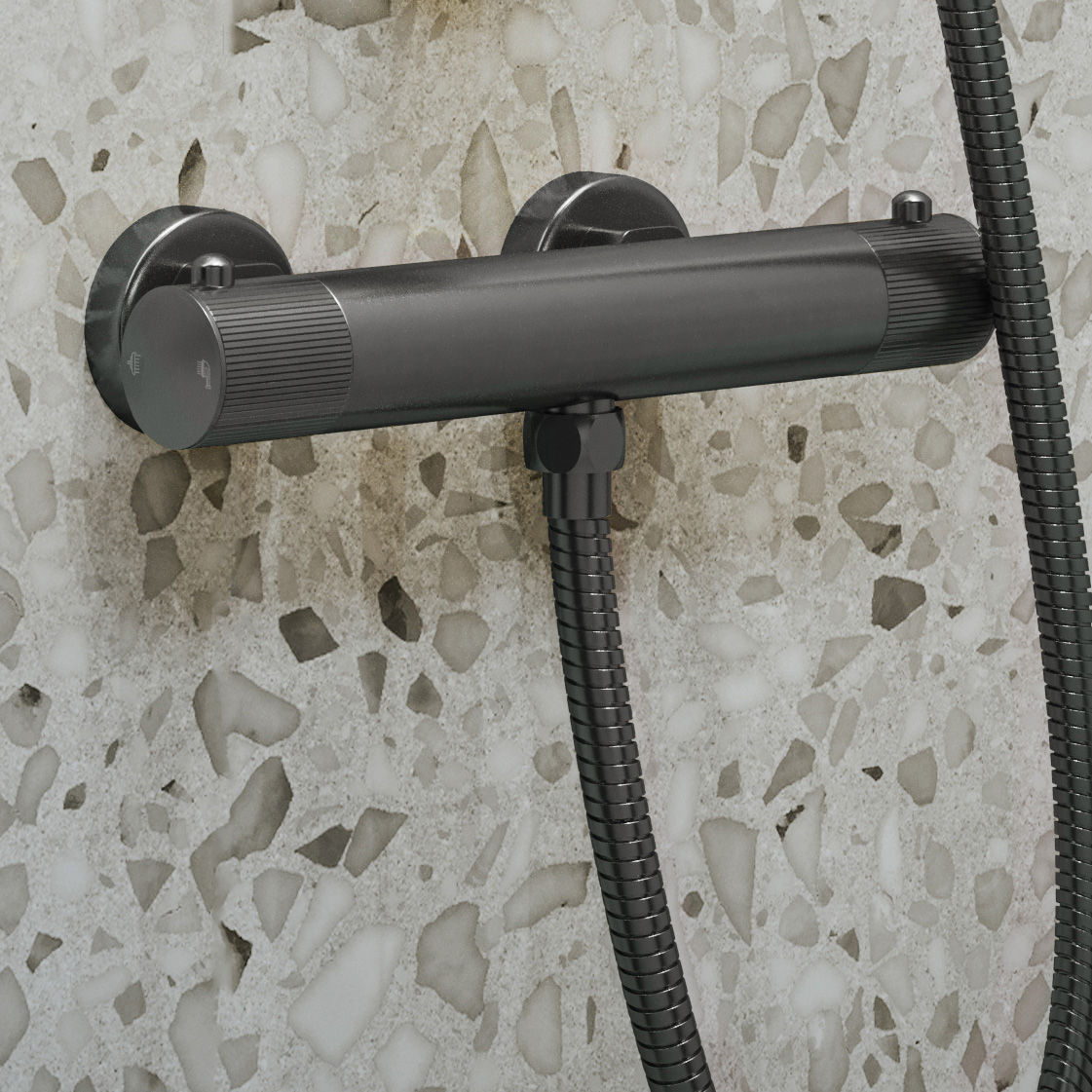 Saniclear Iron Stripes doucheset verouderd ijzer / gunmetal met thermostatische kraan, handdouche en glijstang