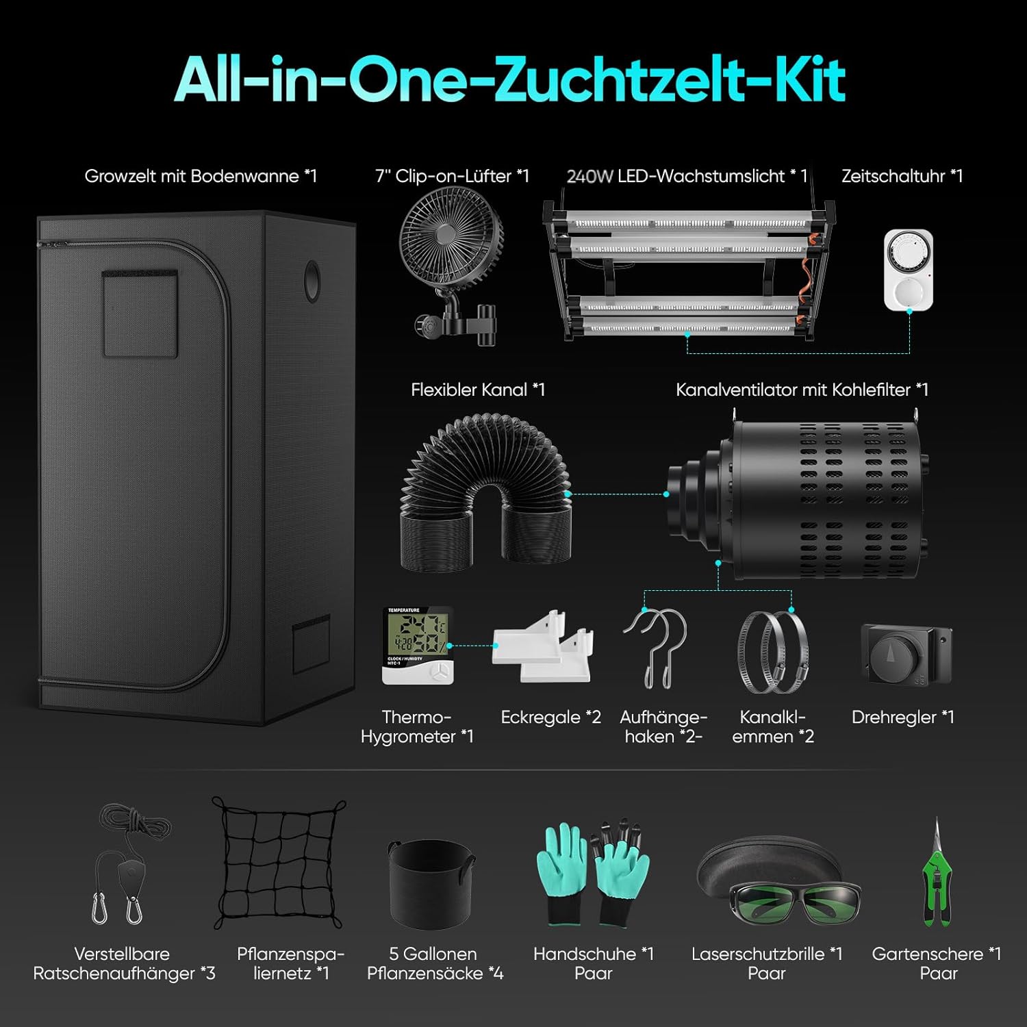 Growzelt Komplettset 200x100x100cm, 240W LED Dimmbar Grow Lampe mit Aktivkohlefilter Belüftungssystem Growzelt Kit Komplettes mit Temperatur Controller Hydroponics Grow Zelt