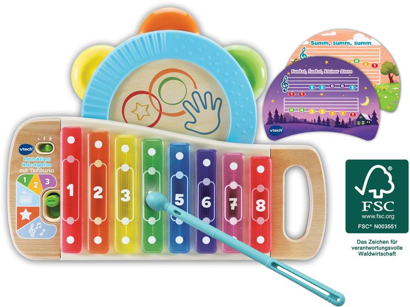 Vtech Musikspielzeug Interaktives Holz-Xylofon mit Tamburin Kinderinstrumente