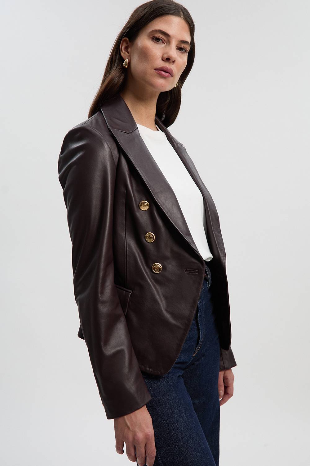 KarenMillen Blazer en Cuir à Boutons Dorés