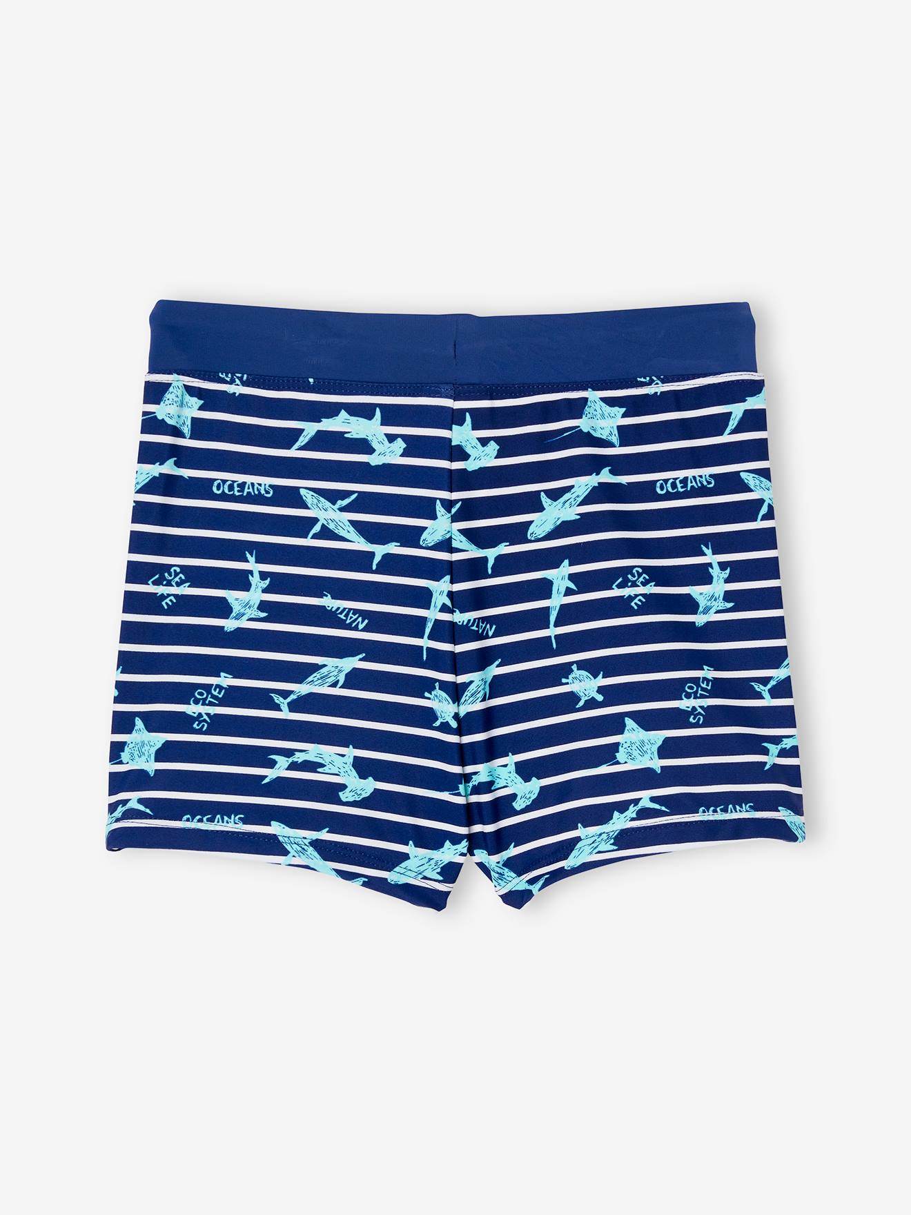 Calção de banho boxer infantil com estampa tropical e listras azul-marinho.