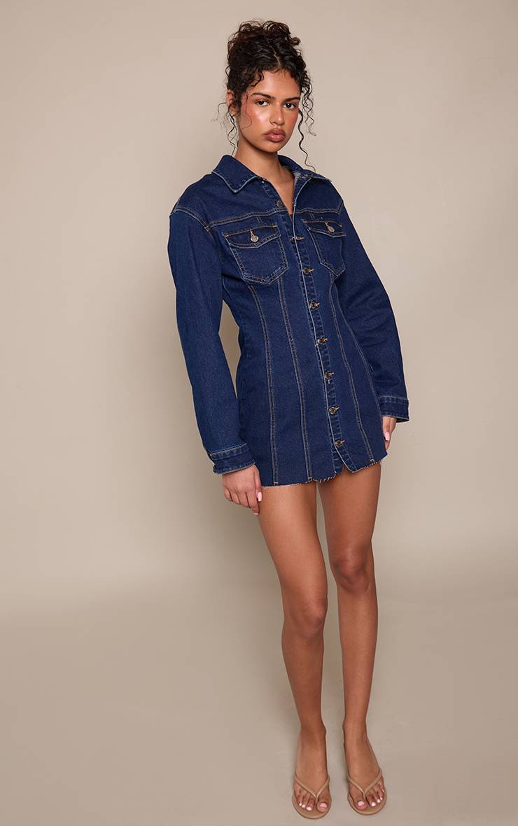 Bleu Robe Chemise En Denim À Manches Longues Avec Ourlet Brut