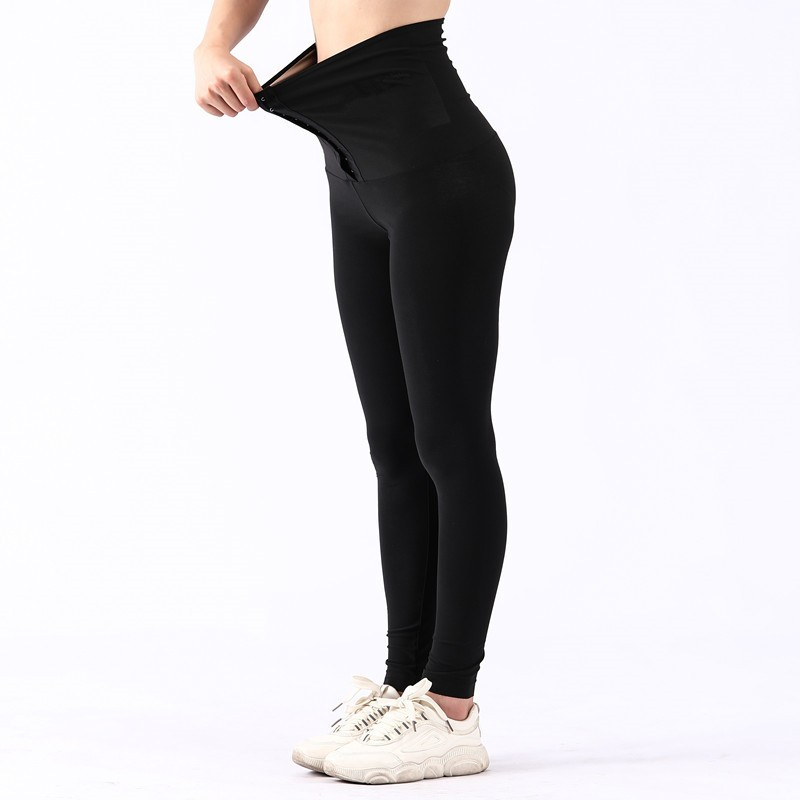 (Gr. M) Elastische Thermo Sport Leggings Taillentrainer lang für Frauen - Schwarz