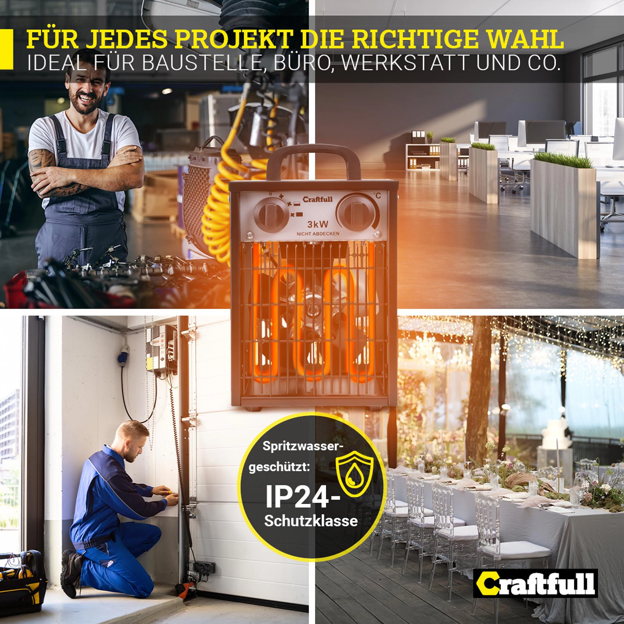 Craftfull Elektro-Heizlüfter HL200, 2000/3000 Watt, Überhitzungsschutz, Thermostat, Griff, Stahl (3000 Watt)