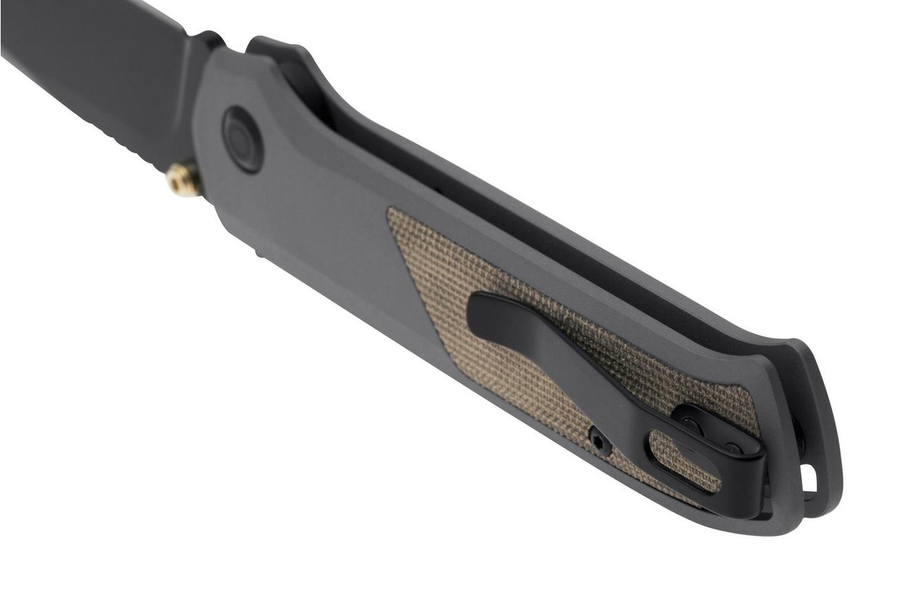 Flytanium Arcade Shark-Lock 1256 Black DLC, Gunmetal Grey Aluminum, Green Canvas Micarta Inlay, zakmes