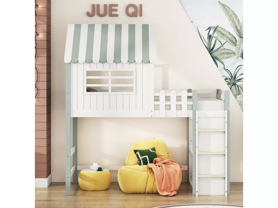 Lit mezzanine 90 x 200 cm - lit cabane avec échelle - Étagère de rangement - Bois massif - Vert