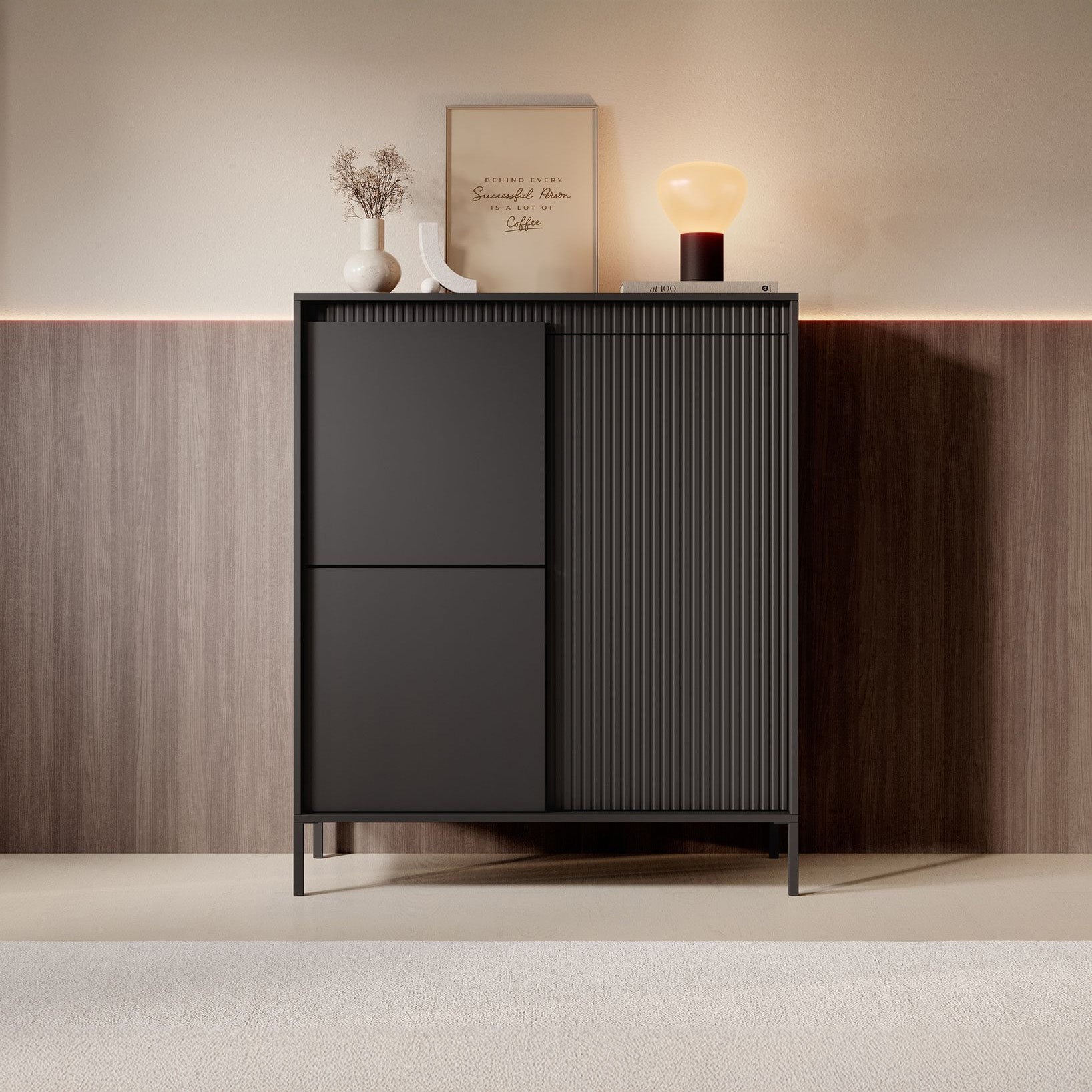 Meubella - Dressoir Saran - Mat zwart - Hoog - 104 cm
