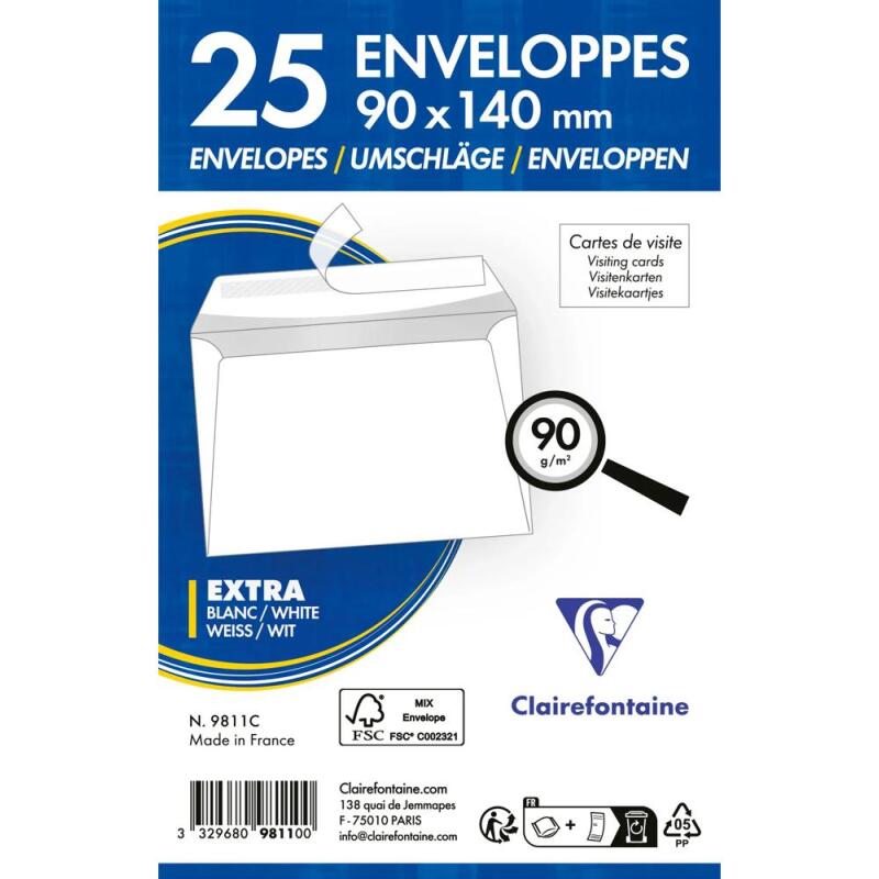 Enveloppe Clairefontaine 90 g/m² sans fenêtre blanche avec bande de protection - Paquet de 25