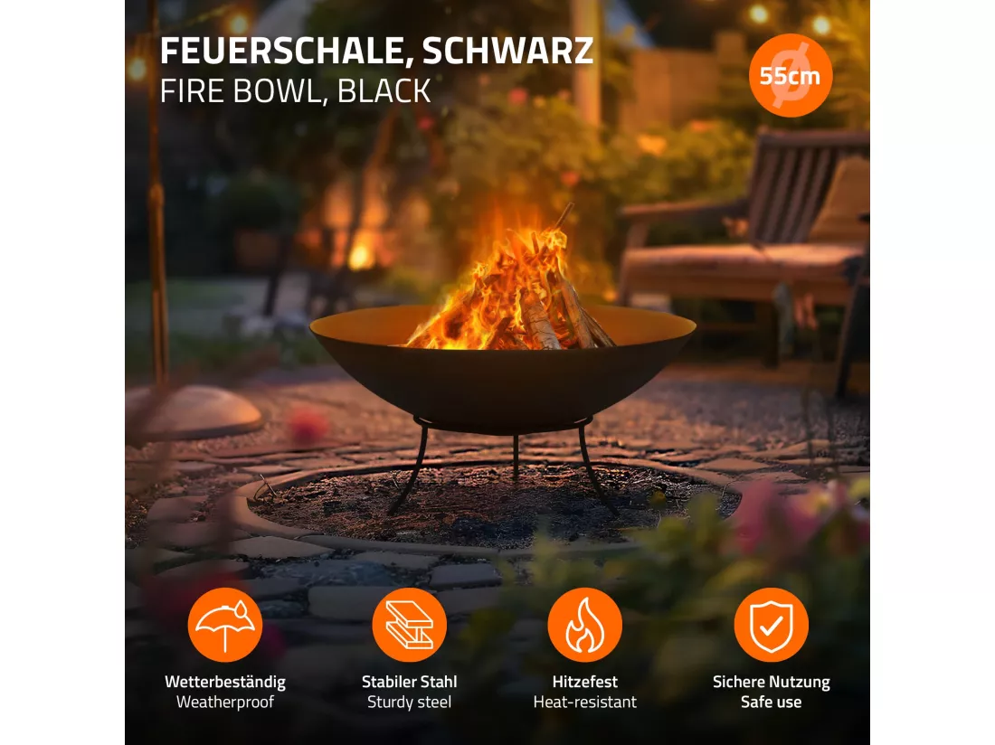 Bol à feu basero noir en acier avec 3 pieds foyer grille barbecue Ø 55 x 24 cm