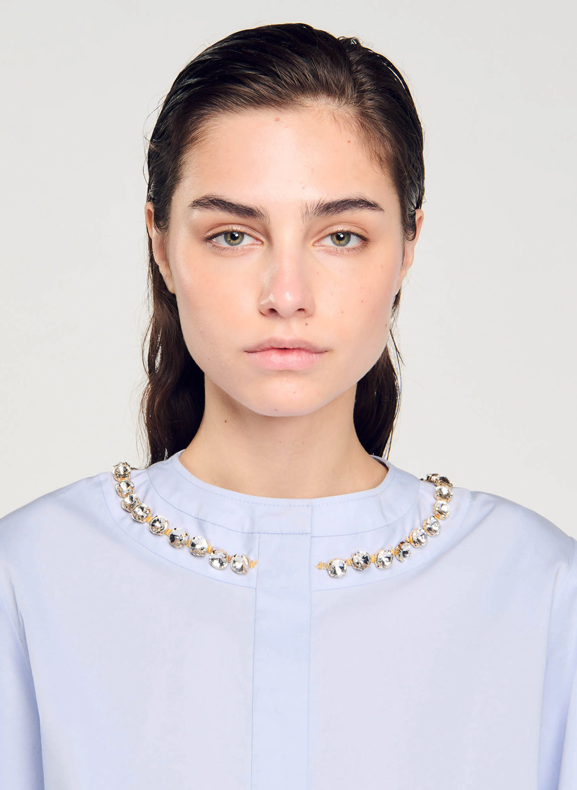 Chemise courte ample col rond en coton mélangé | Bleu