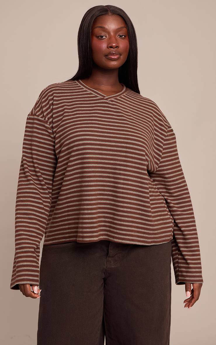 Chocolat Sweat-shirt Grande Taille En Polaire Douce À Rayures Avec Encolure En V Ensemble Coordonné
