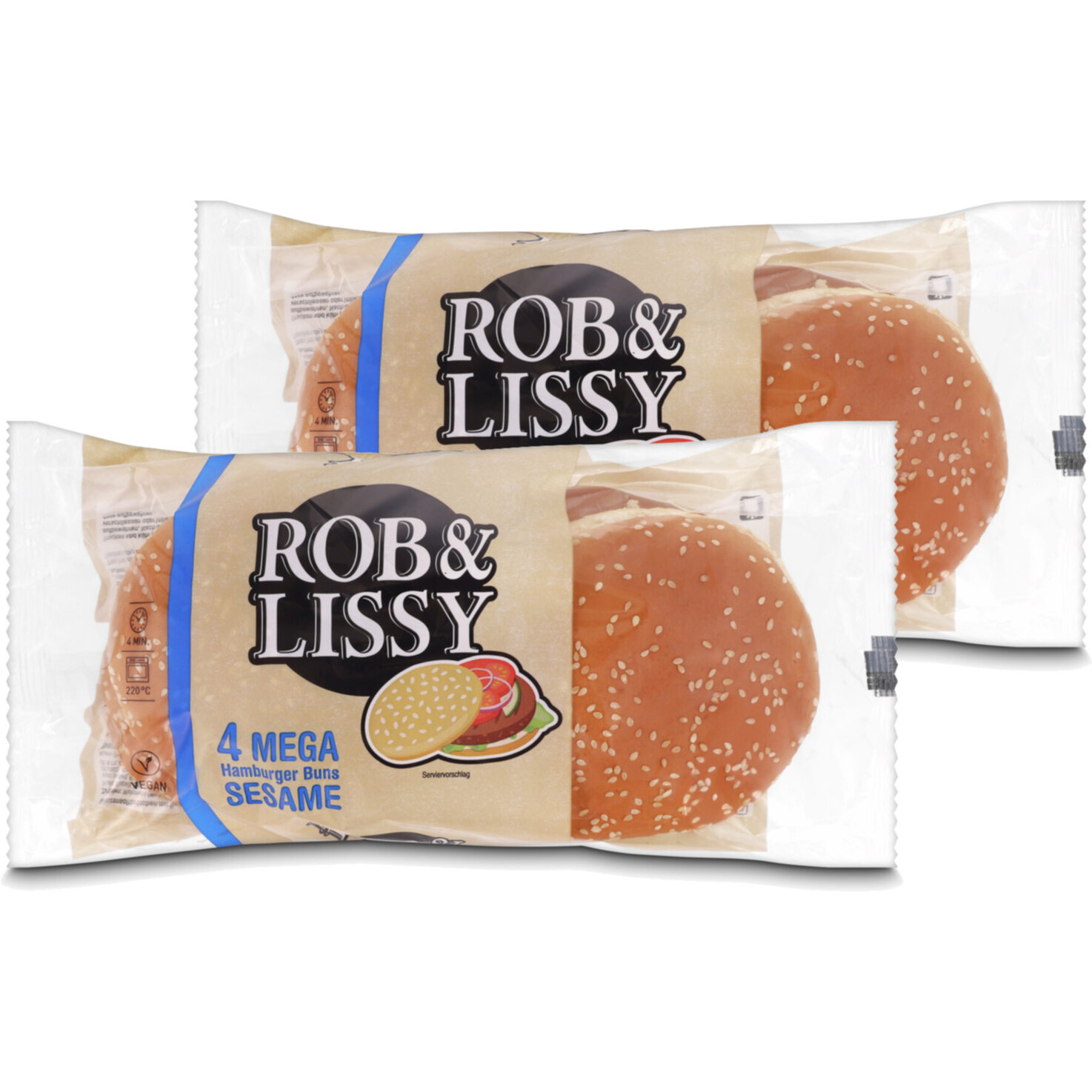 Rob & Lissy Mega Hamburger-Buns mit Sesam 4 Stück 2x 330g