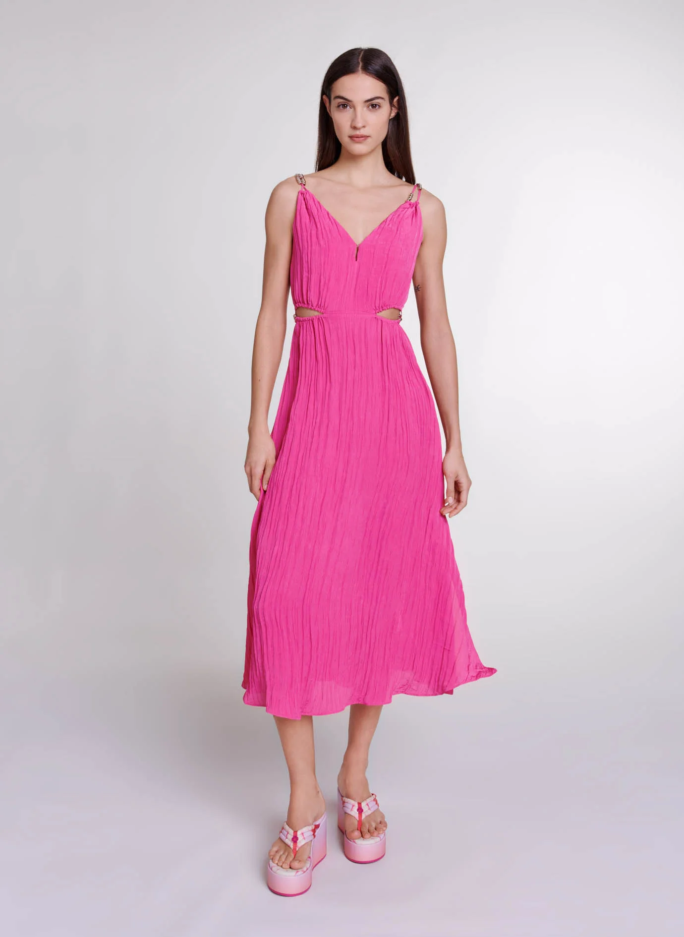 Robe longue droite encolure V | Rose