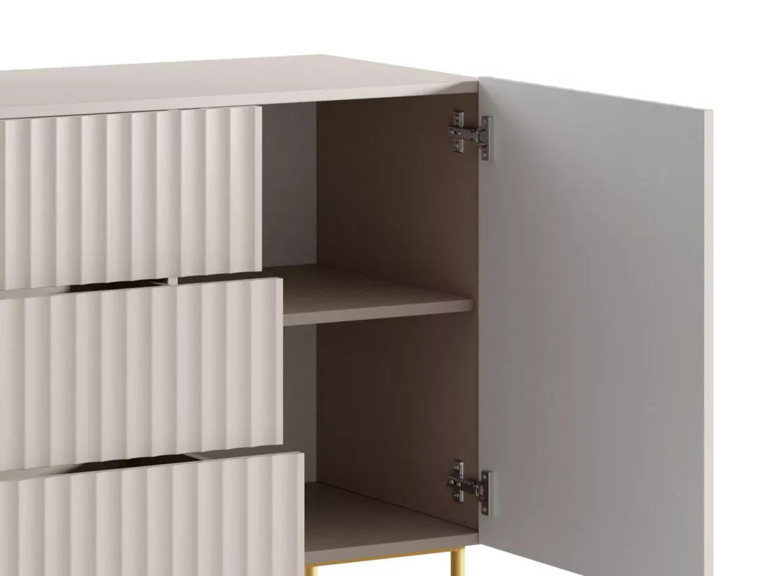 Buffet avec 2 portes et 3 tiroirs en MDF et acier - Beige et doré - EVILANA