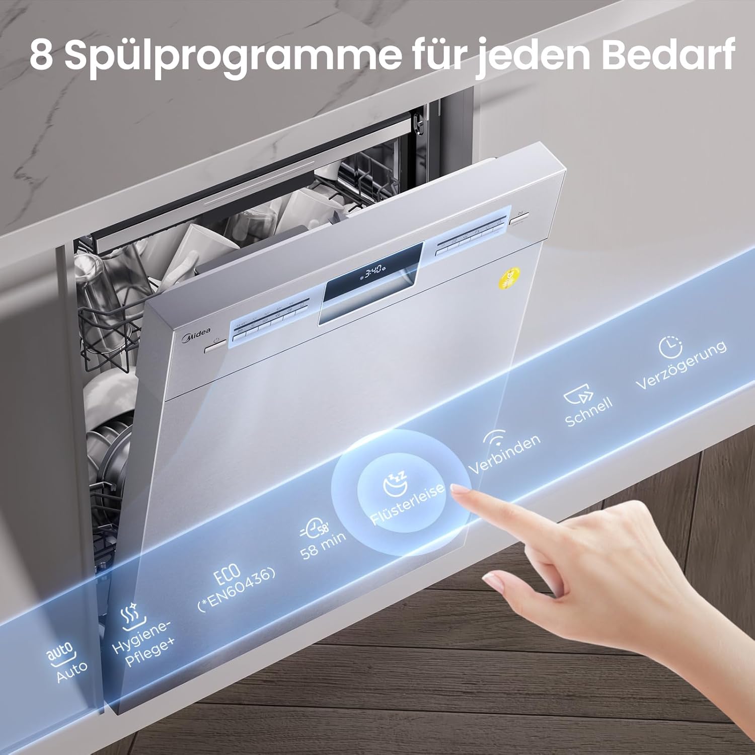 Midea SU 7.35X14BS Geschirrspüler 60cm Unterbau, 14 Maßgedecke Spülmaschine Teilintegrierbar mit WiFi, Extra Trocknung, 8 Programme, 42dB, 1-24h Startzeitverzögerung, Inox