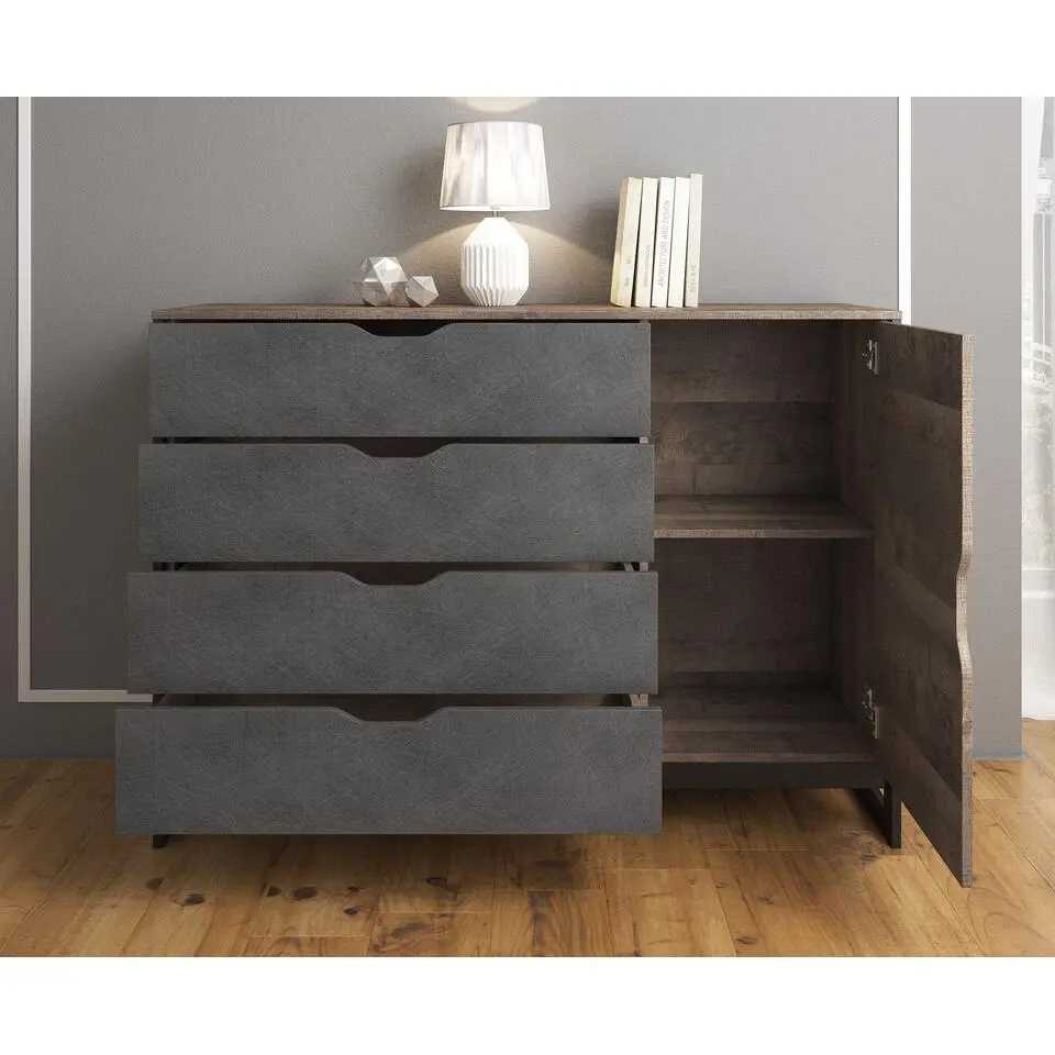 Meubella - Dressoir Acasia - Grijs - Eiken - 138 cm
