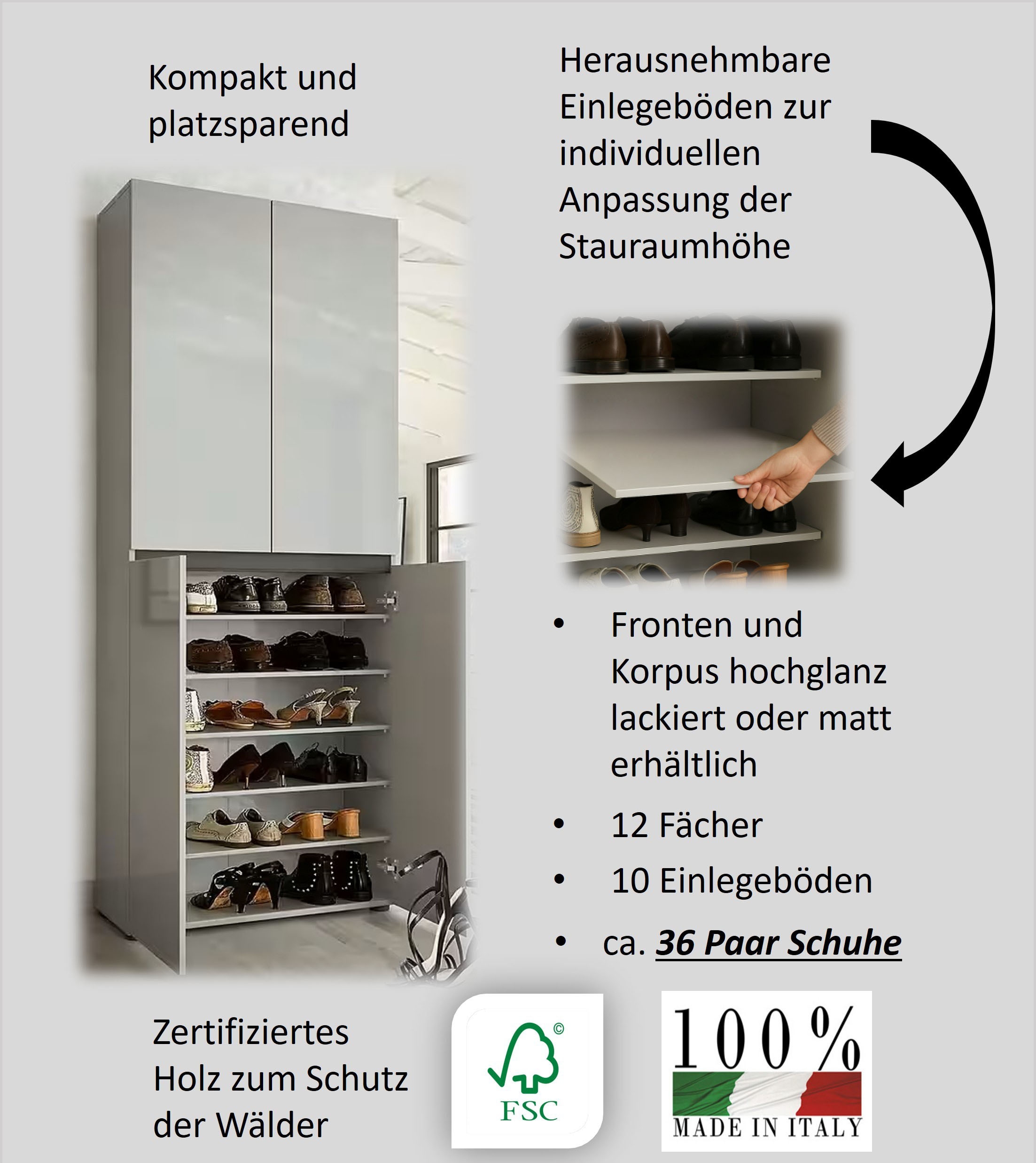 INOSIGN Schuhschrank »MISTER-  Schuhregal, Made in Italy, 12 Fächer, 10 Einlegeböden« Breite 80 cm, Höhe 200 cm, 4 Türen, wendbare Blende
