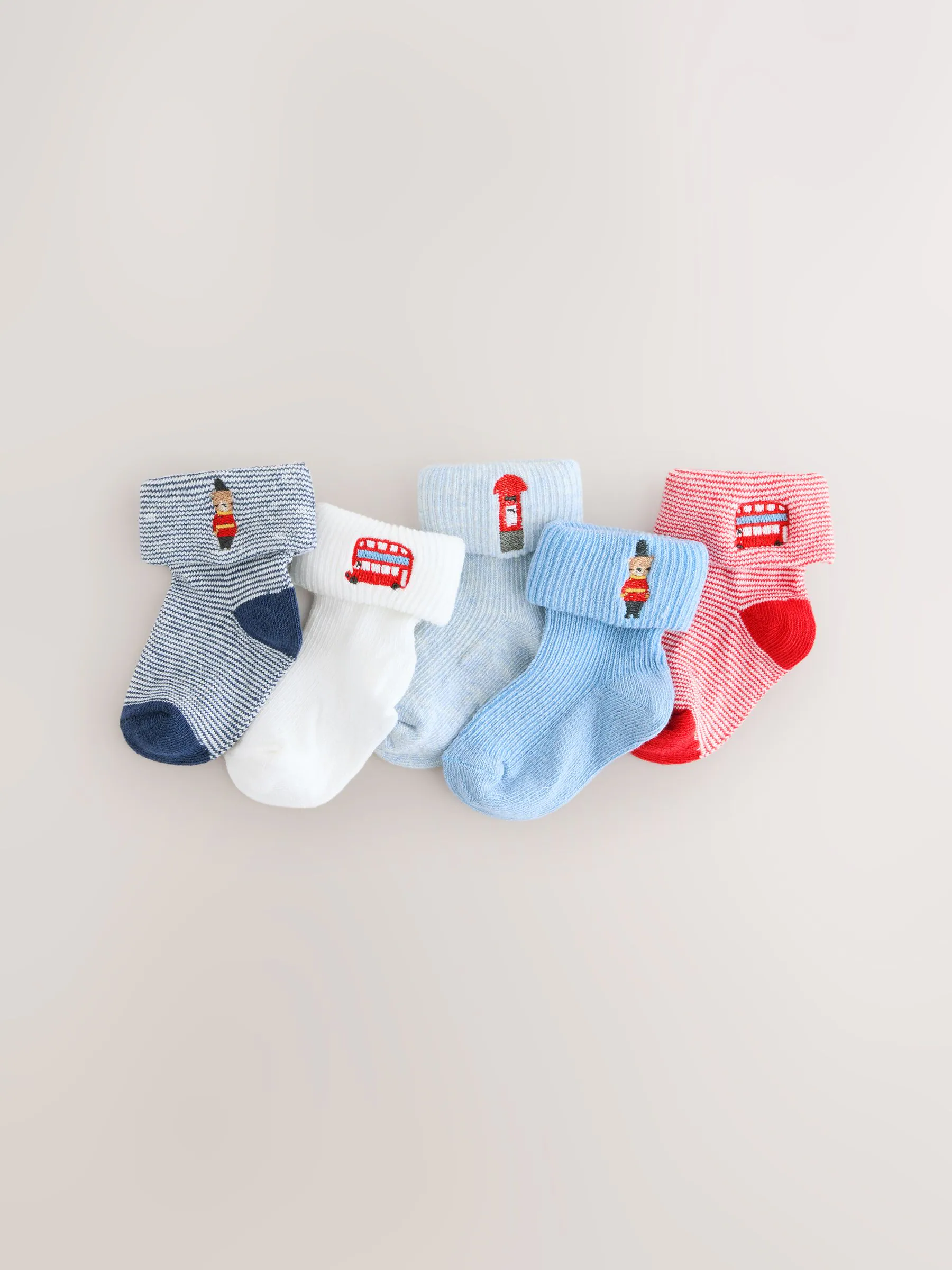 Marineblauw - Set van 5 geborduurde sokken met omslag (0mnd-2jr)